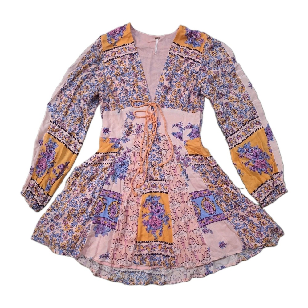 Free People Mixin' It Up Patchwork Boho Mini Dress Peach Combo Size Small S